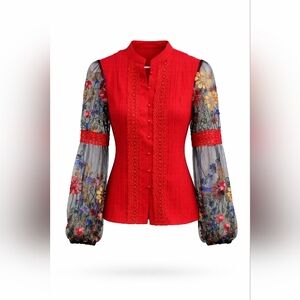 Womens Medium SHEIN Red Embroidered Mesh Sleeve Boho Blouse Button Up Shirt